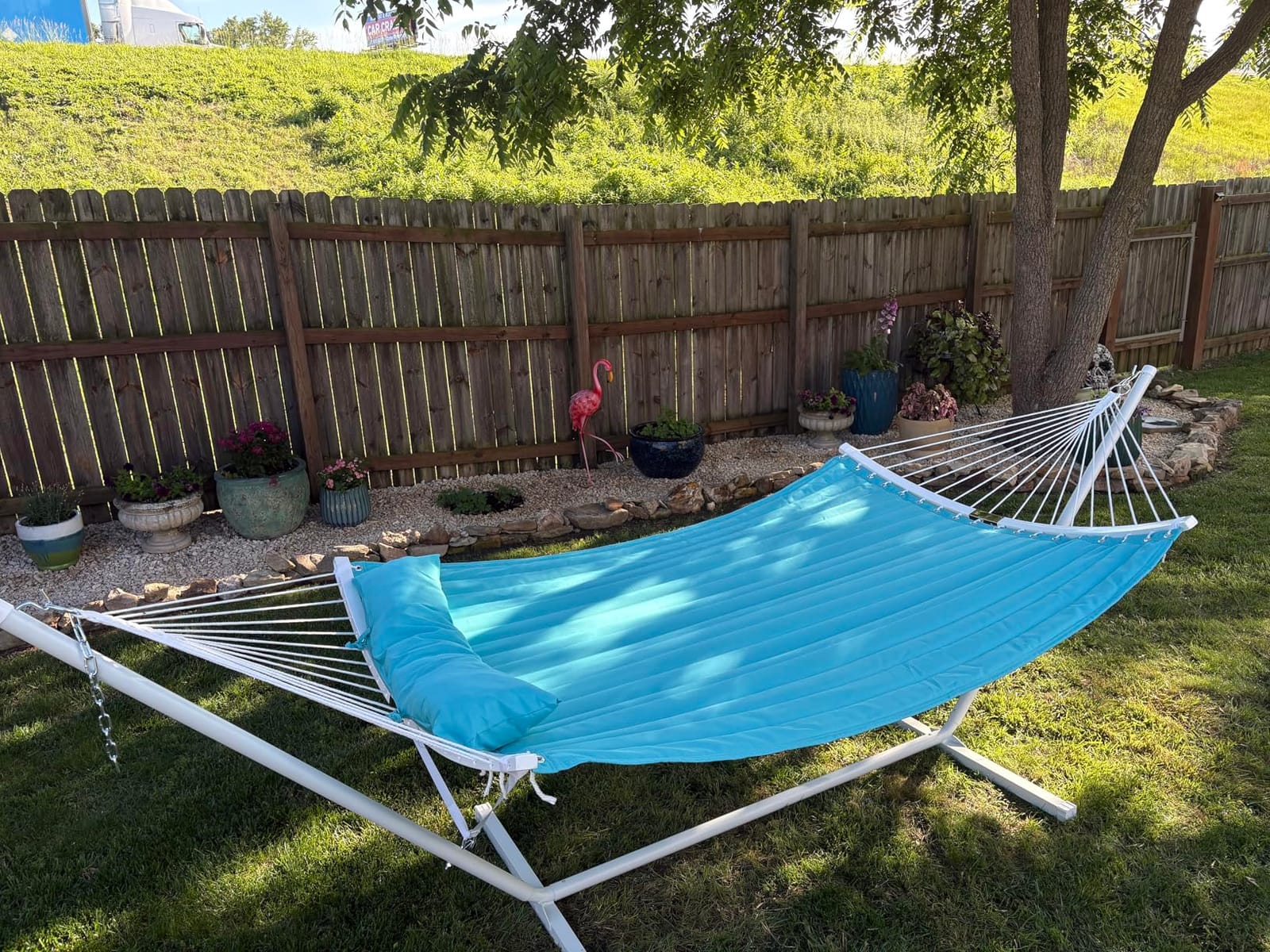 SUPERJARE Curved-Bar Hammock with Stand, 2 Person Heavy Duty Hammock Frame, Detachable Pillow & Portable Carrying Bag, Perfect for Outdoor & Indoor, Navy Blue customer photo 2