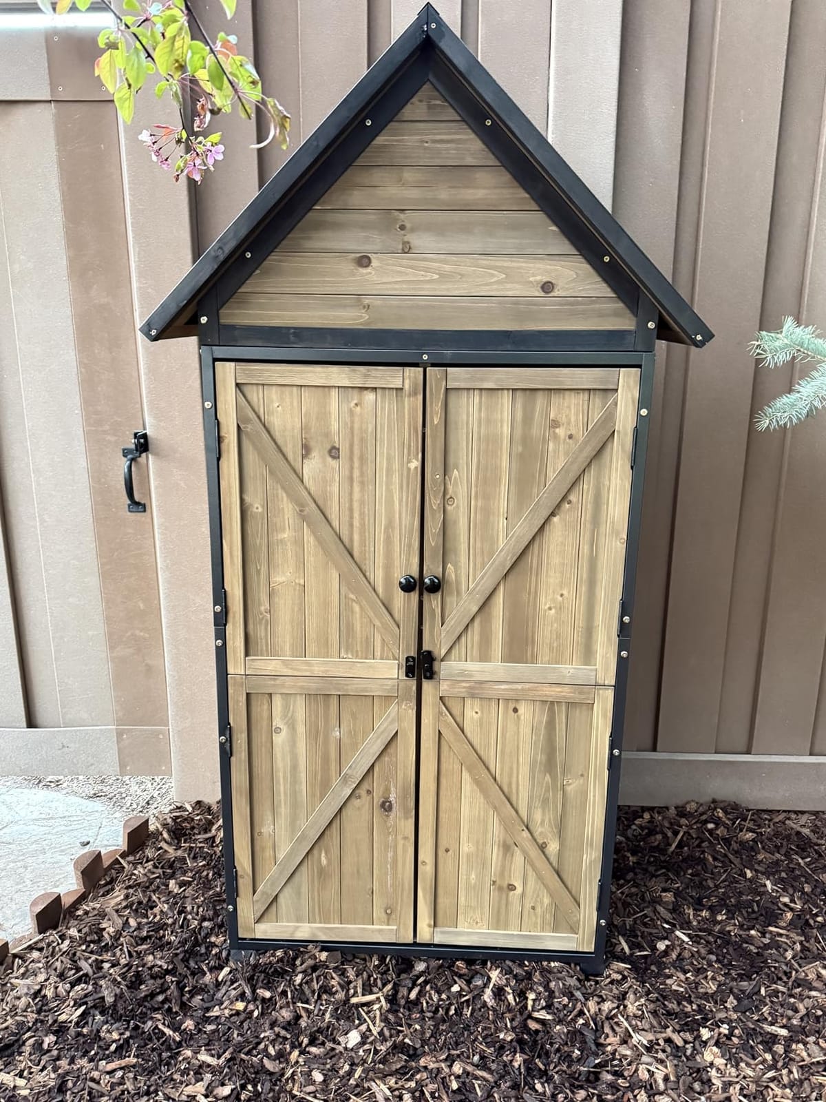 GUTINNEEN Outdoor Storage Cabinet, Upgraded with Durable Front Metal Frame Garden Shed Tool Storage Cabinet with Wooden Floor Adjustable Shelfs 2.5 x 1.4FT (Brown) customer photo 1