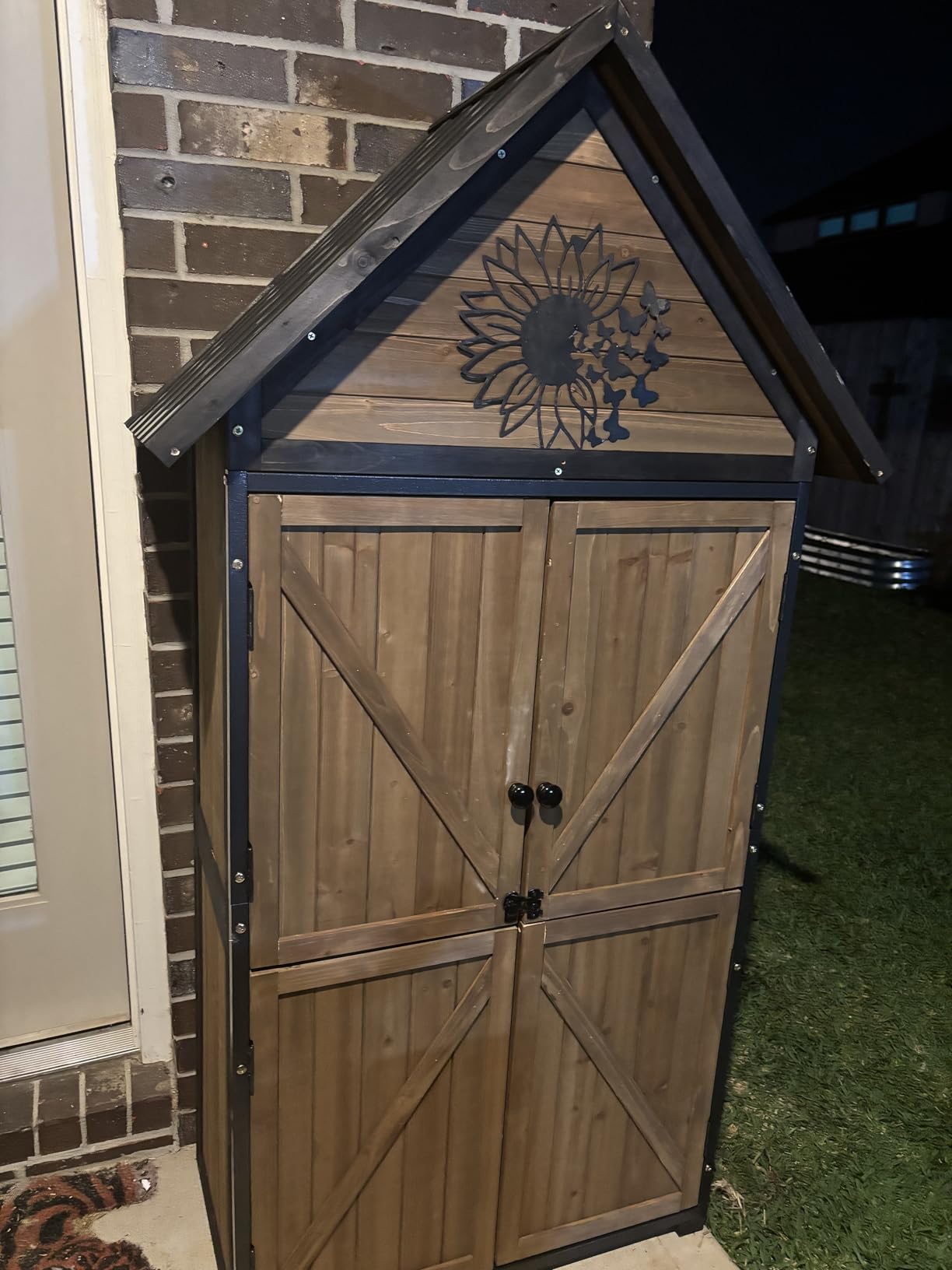 GUTINNEEN Outdoor Storage Cabinet, Upgraded with Durable Front Metal Frame Garden Shed Tool Storage Cabinet with Wooden Floor Adjustable Shelfs 2.5 x 1.4FT (Brown) customer photo 2