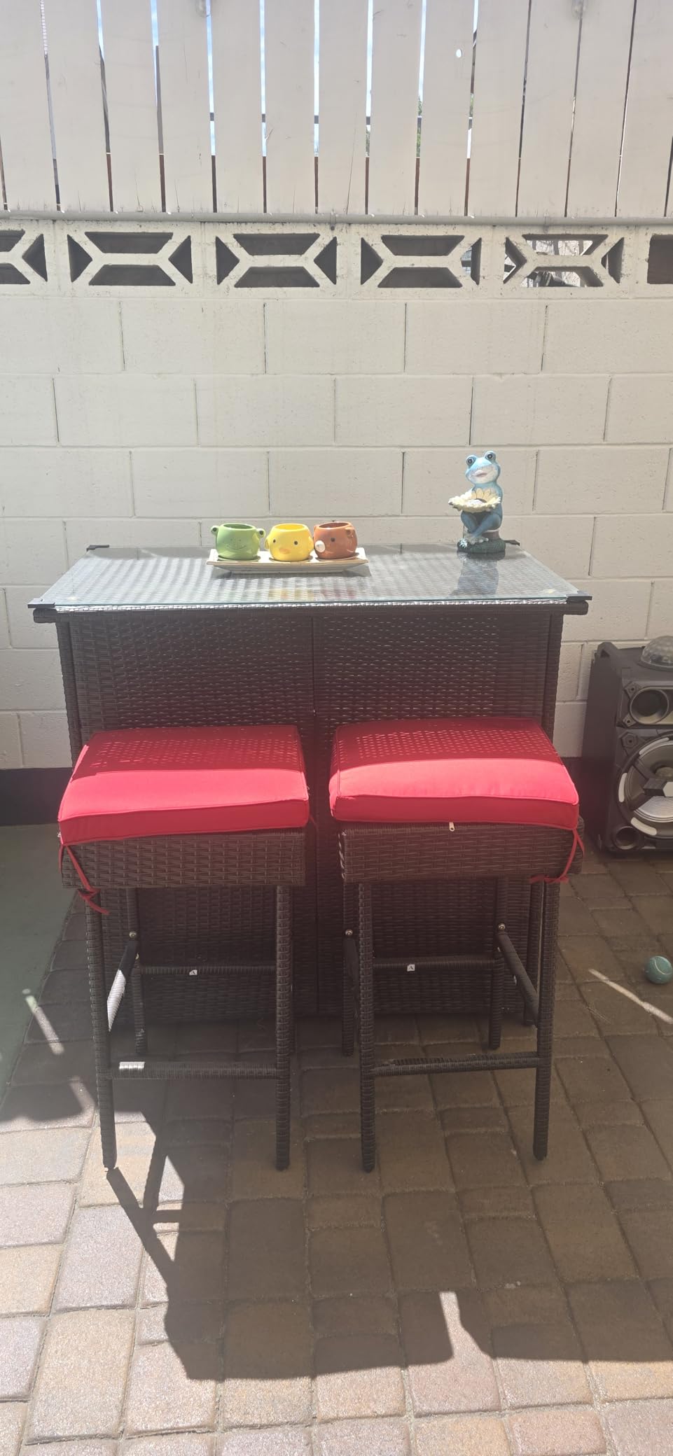Tangkula 3 Piece Patio Bar Set, Outdoor Rattan Bar Table and 2 Stools with Tempered Glass Tabletop, 2-Tier Storage, Removable Cushions, Outside Wicker Conversation Set customer photo 2