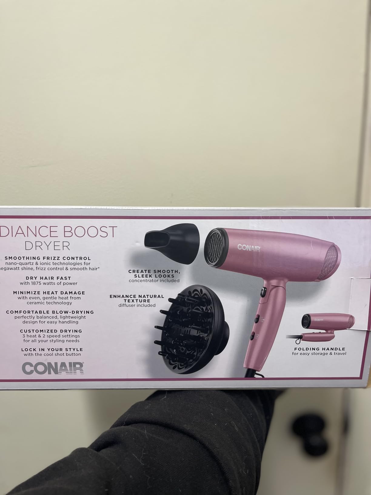 Conair Hair Dryer with Diffuser and Folding Handle, 1875W Travel Blow Dryer with Concentrator, Radiance Boost with Nano-Quartz Ceramic for Less Frizz, More Shine, and Silky Hair, Dusty Rose customer photo 2