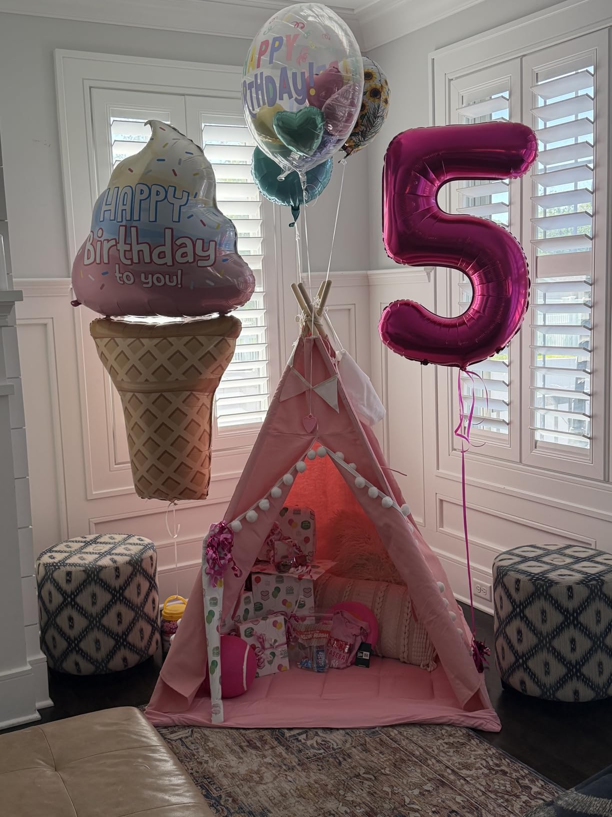 WIRHAO Teepee Tent for Kids with Padded Mat Cotton Canvas Kids Tent with Pompom for Toddlers Indoor Play Tent for Girls Boys with Stars Lights, Carry Bag, Banner Flag (Pink) customer photo 1