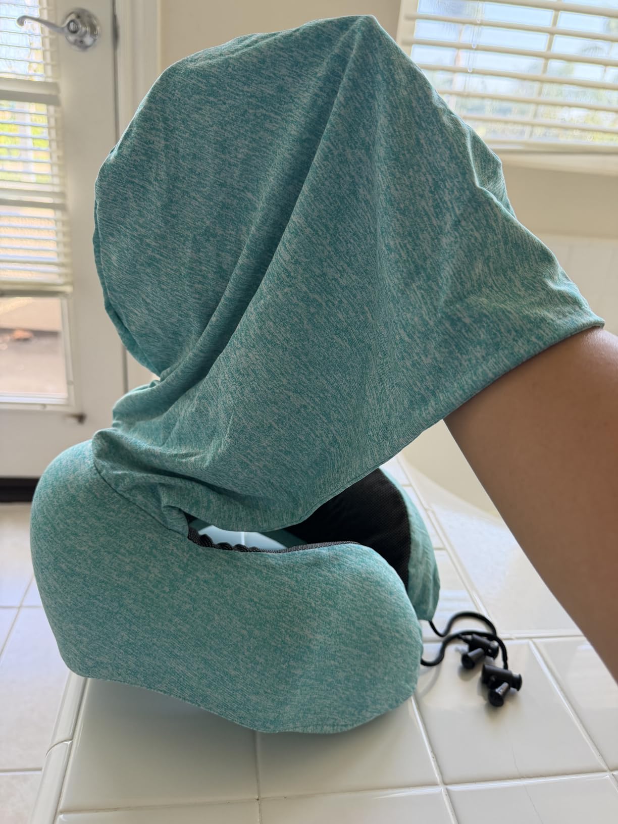 SkytraxComf Travel Neck Pillow with Hood for Privacy on Long Flights | Memory Foam | Airplane Sleep | Safety-Tested Materials | Extra Large Hood | Chin Support | Earplugs | Washable Cover customer photo 1