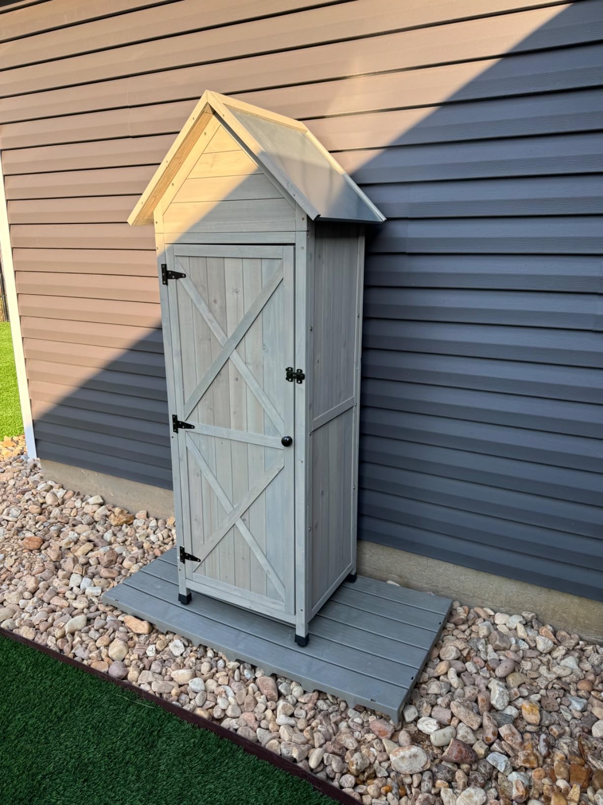 Outdoor Storage Cabinet - Waterproof Metal Roof & Wooden Vertical Design, Tall Garden Tool Shed with Multiple Shelves for Patio, Backyard, Lawn, Yard (Green, 22