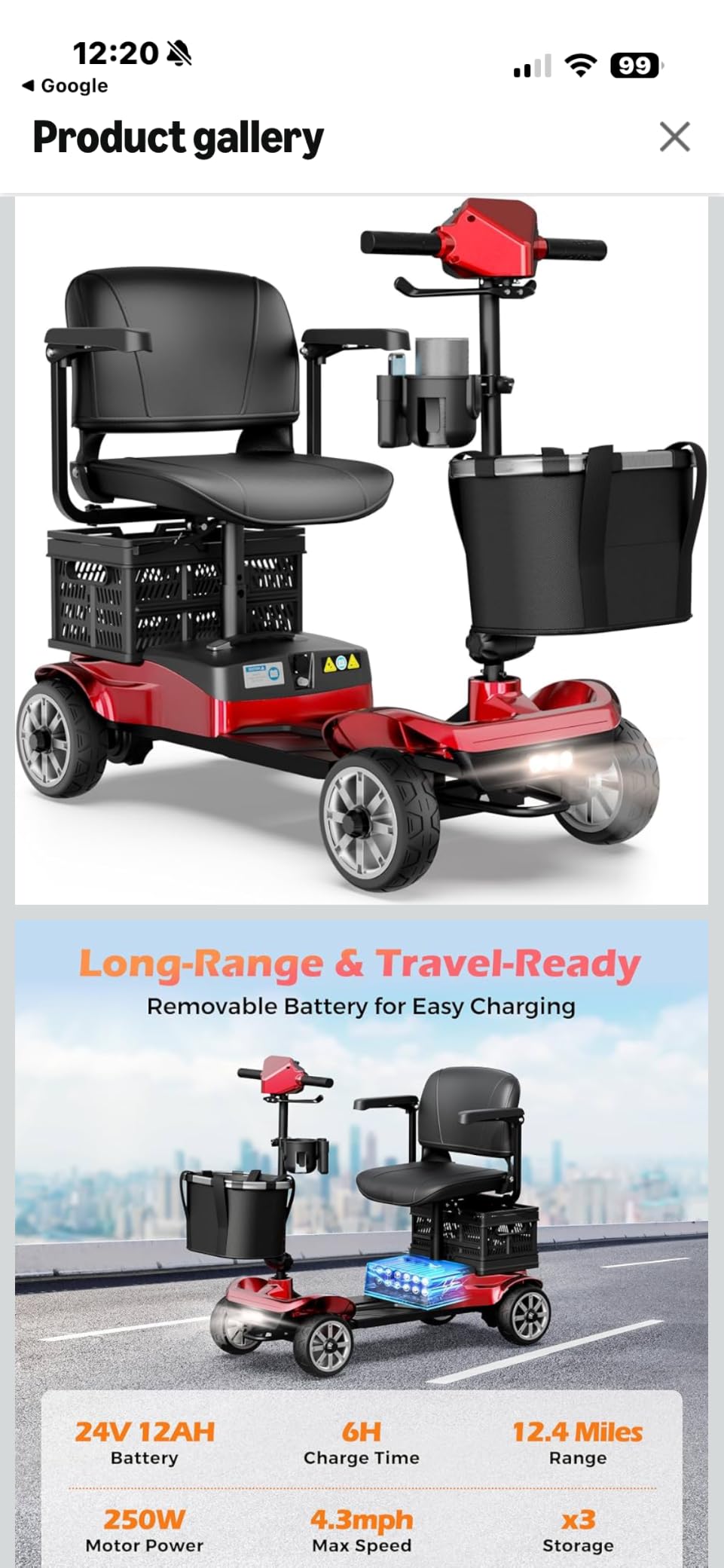 Foldable 4-Wheel Mobility Scooter for Adults – Portable Motorized Scooter with 330 lbs Capacity, Detachable Battery, Dual Baskets, Cup & Phone Holder, Blue customer photo 2
