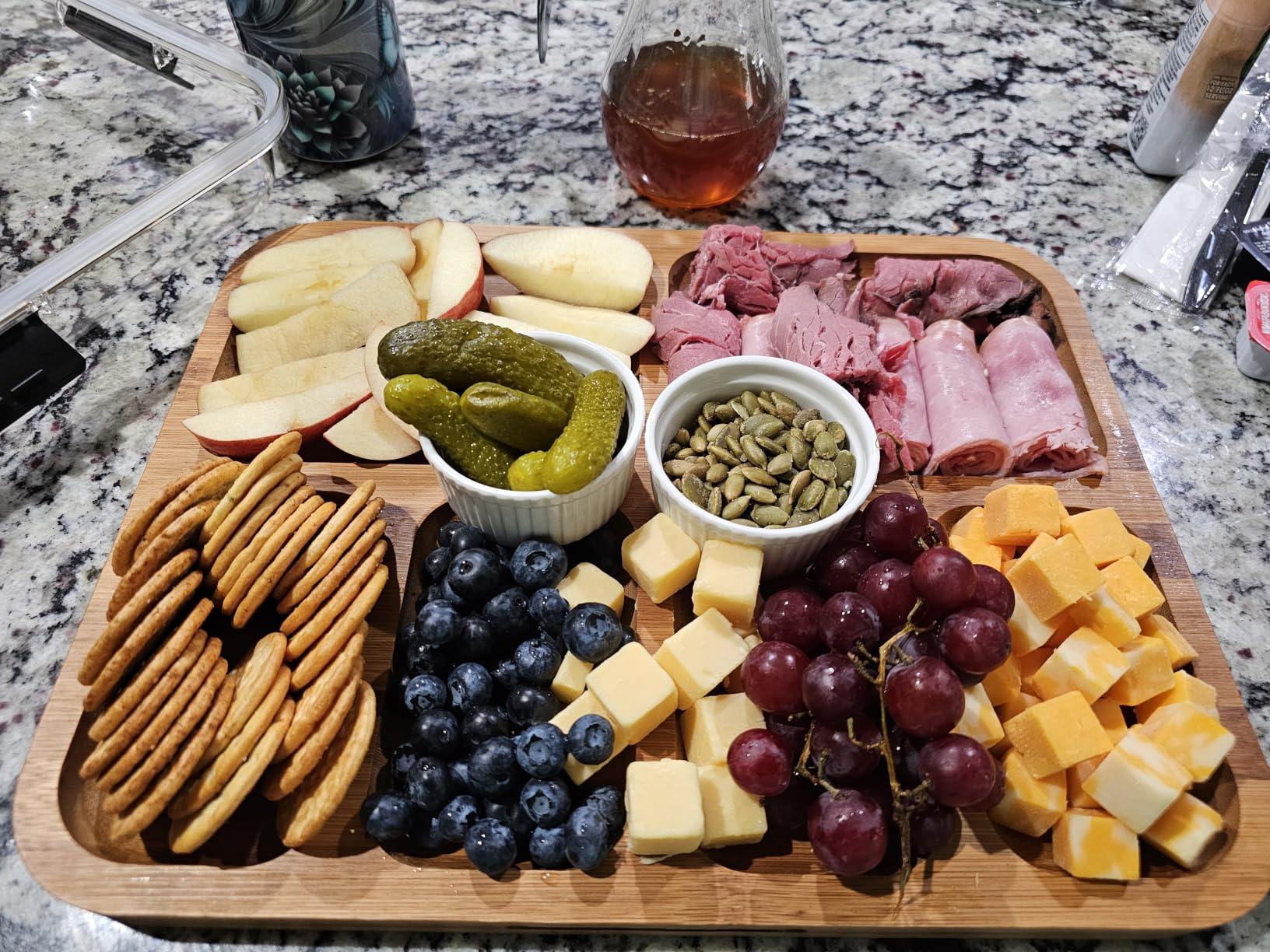 Charcuterie Board with Lid, Carbonized Bamboo, Knives Set and Bowls | Portable Double-Sided Locking Design, Cheese, veggie & Snack Serving Tray, Great for Picnics & Housewarming Gifts customer photo 2