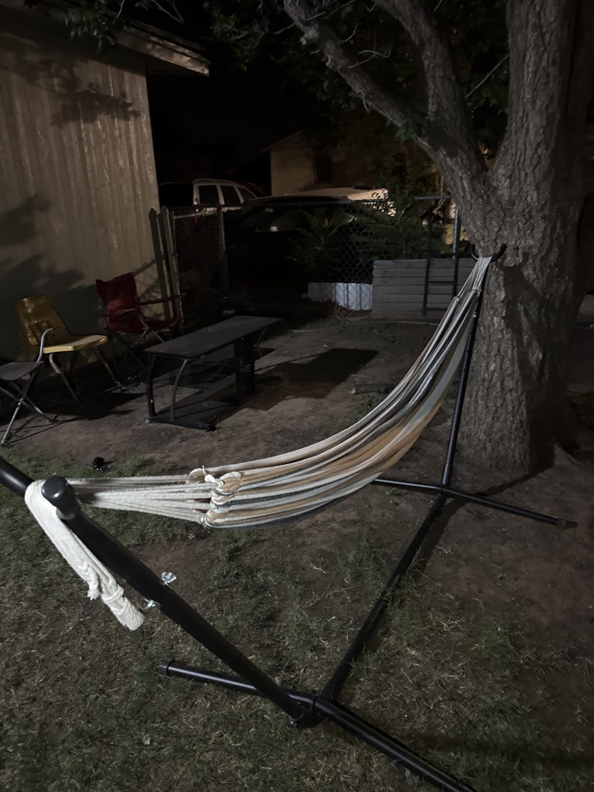 ONCLOUD Double Hammock with Spreader Bar & Heavy-Duty 9ft Steel Wheel Stand, Brazilian Hammock Set, Portable Hammock with Stand for Outside, Backyard, Camping, Includes Carry Bag, 550lb, Desert Strip customer photo 1