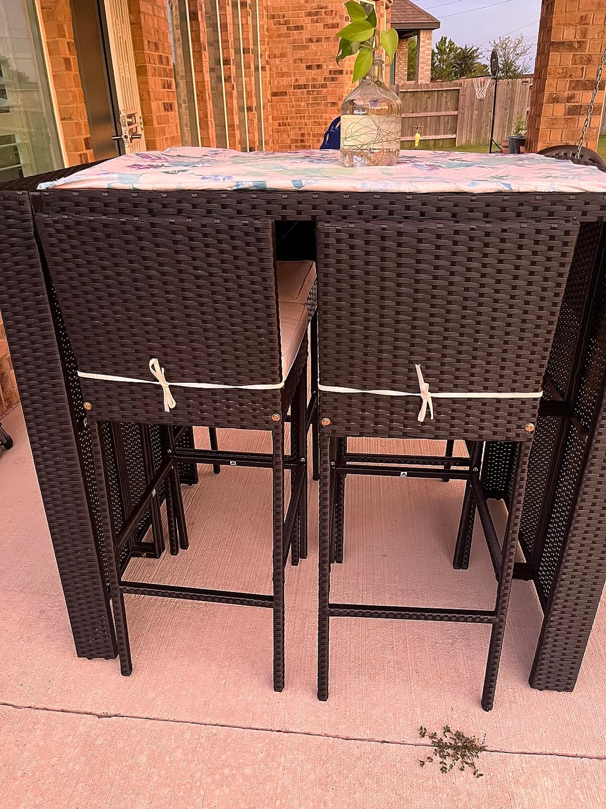 Tangkula 5 Piece Wicker Outdoor Bar Set, Patiojoy Acacia Wood Patio Table and Chairs Set with Bar Height Table & 4 Rattan Bar Stool, Backrest and Footrest for Pool Backyard Deck customer photo 2