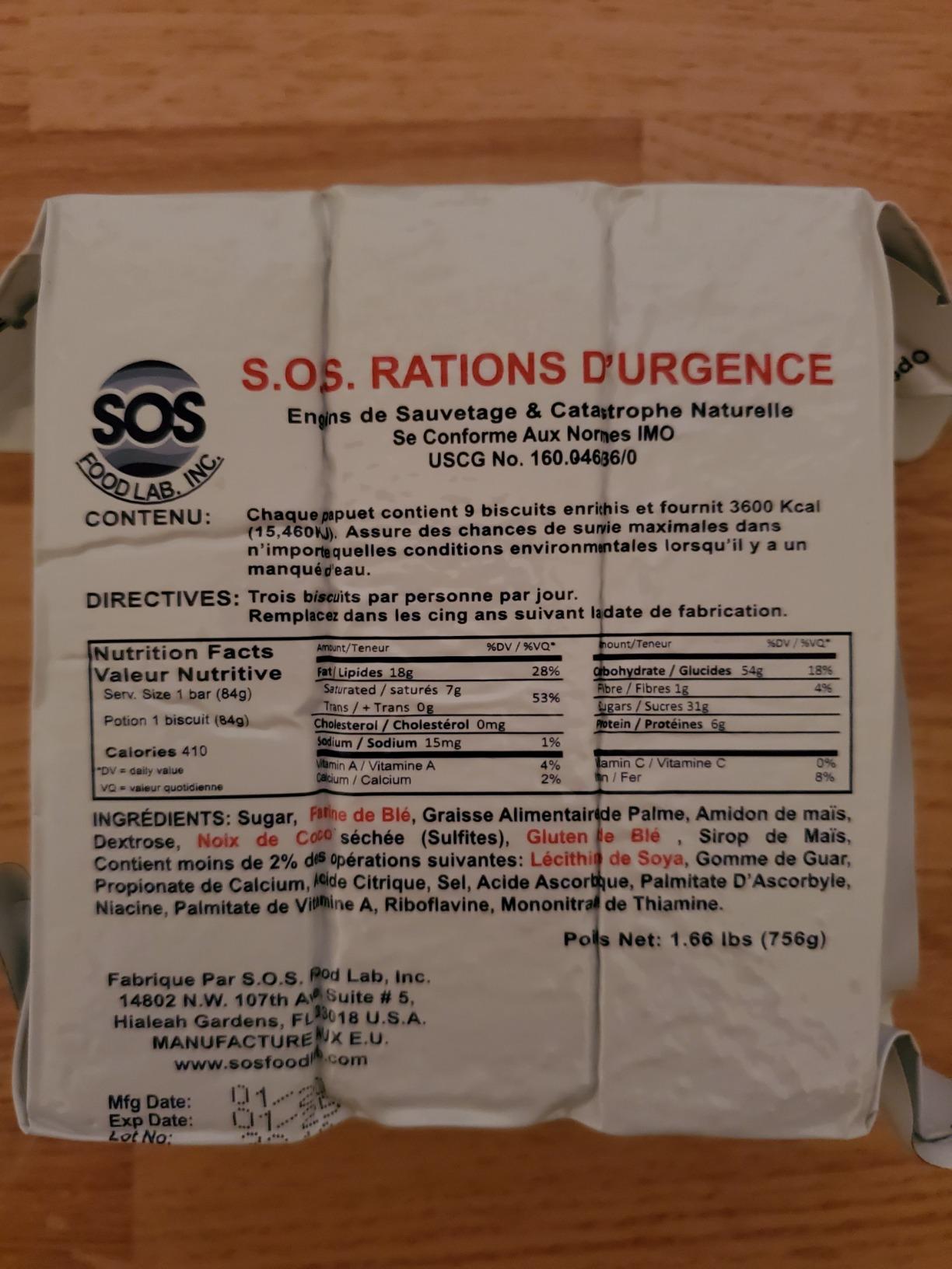SOS Food Labs, Inc. 185000825 S.O.S. Rations Emergency 3600 Calorie Food bar - 3 Day/ 72 Hour Package with 5 Year Shelf Life, 5