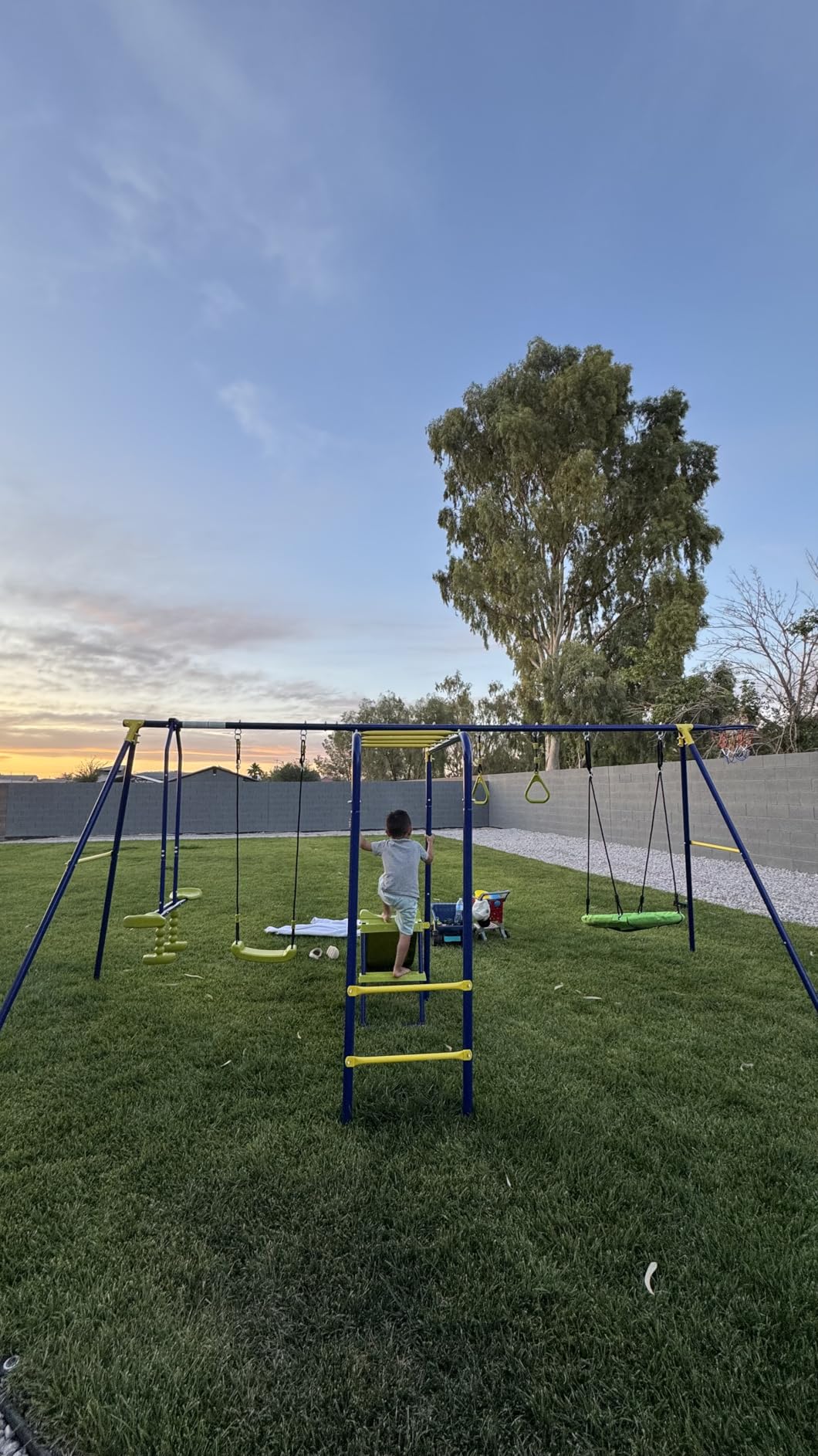 HONEY JOY Swing Set, 660lbs 7-in-1 Heavy Duty Swingset Outdoor for Kids w/A-Frame Metal Swing Stand, 2 Swings, Glider, Gym Rings, Slide, Monkey Bar, Basketball Hoop, Swing Sets for Backyard customer photo 1