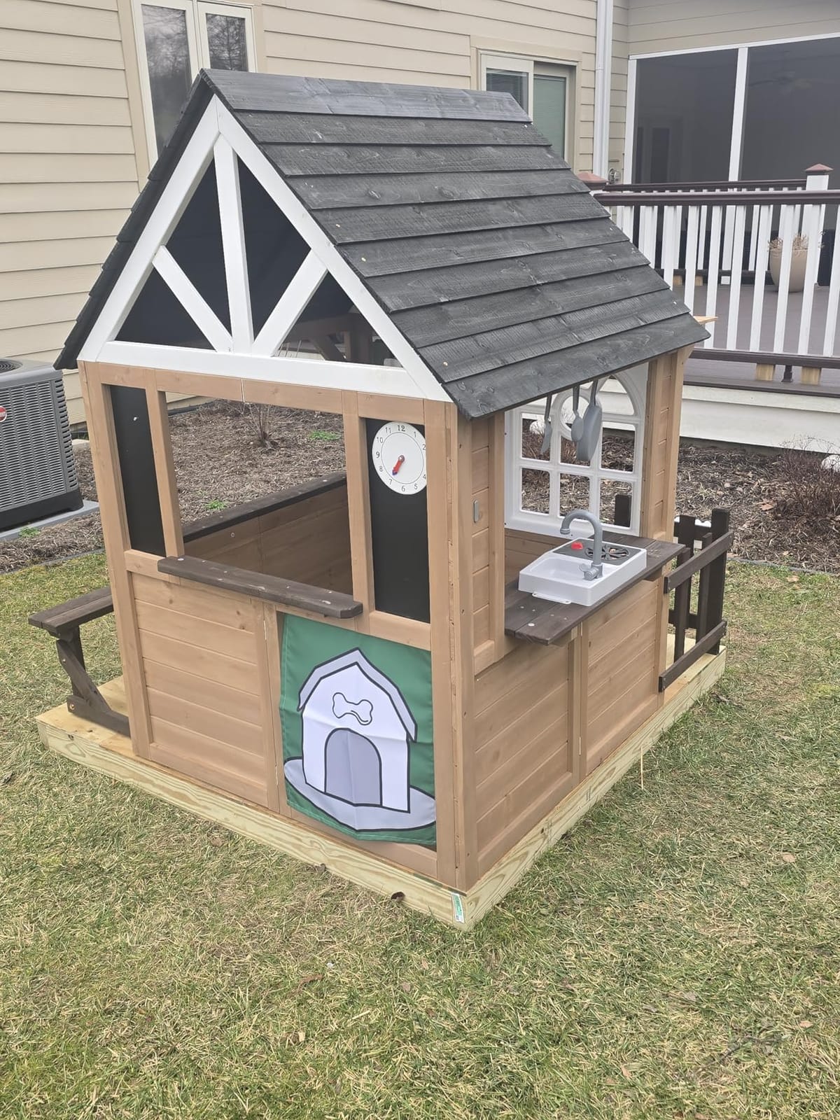 Kids Outdoor Playhouse,Cedar Gray Wooden Play House for Kids Ages 3-8, with Play Kitchen, Interactive Doorbell, Toy Phone, Sink, Flowerpot customer photo 2